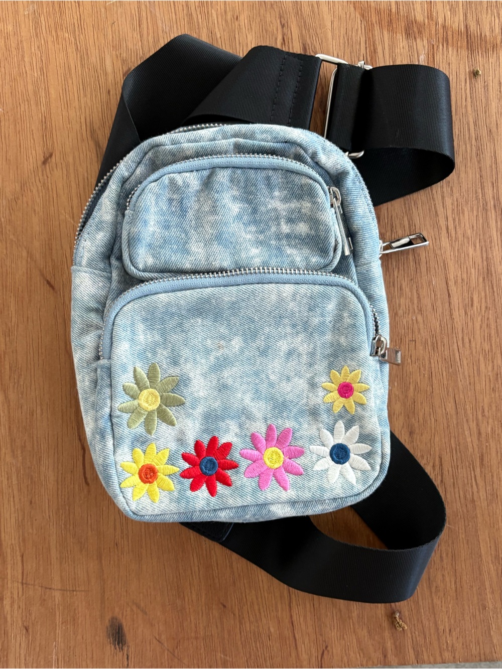 Light Blue Denim Mini Crossbody Bag with Embroidered Flowers